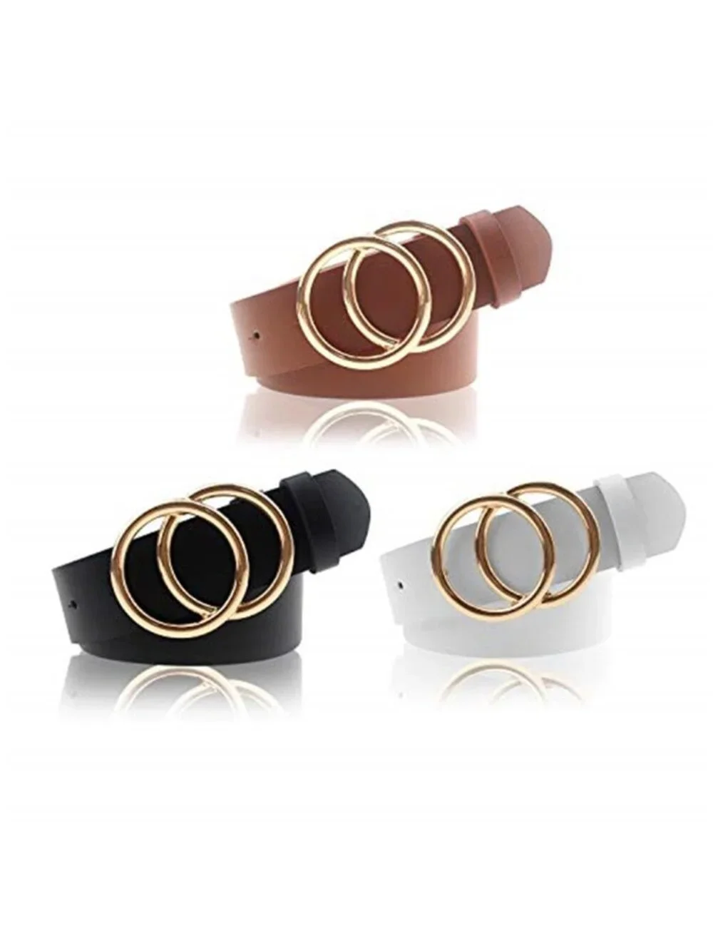 Womens Faux Leather Belts Double O Ring Buckle Black Brown White 3 Pack Fashion